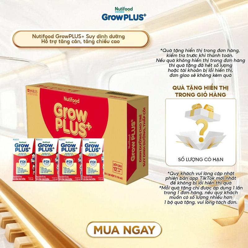 CÓ ĐƯỜNG ÍT ĐƯỜNG Thùng Sữa Bột Pha Sẵn Nutifood GrowPLUS+ Suy Dinh Dưỡng - Thùng 48 hộp x 110ml - Hỗ trợ Tăng Cân Tăng Chiều Cao- Link chính Bao bì tuỳ đợt nhập hàng