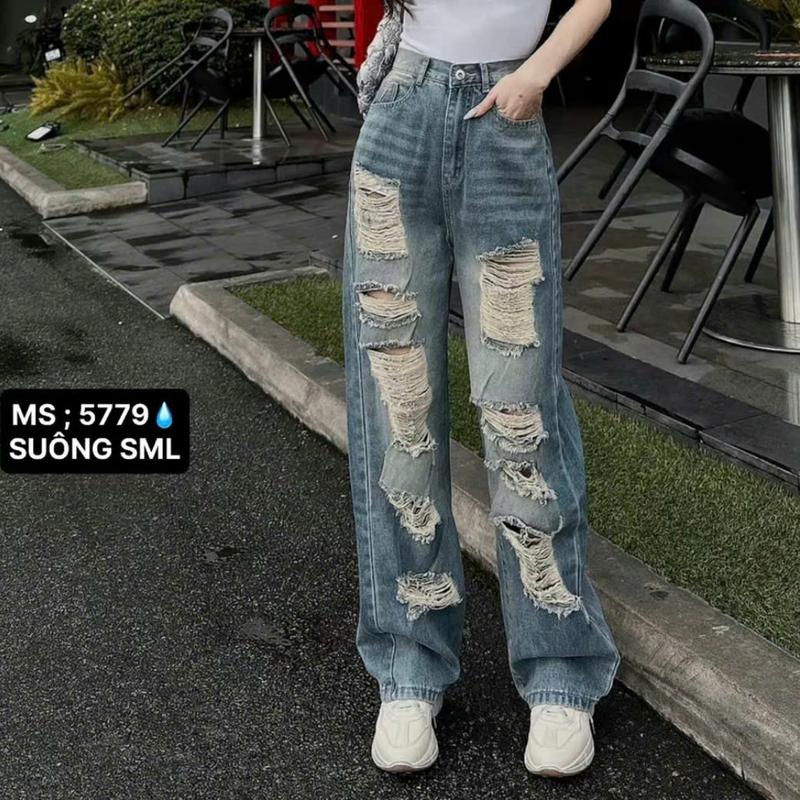  Quần baggy Jean nữ ống rộng lưng cao rách kiểu  -Quần jean nữ ống suông màu xanh bụi nhẹ Hottren chất jean mềm TH5779 