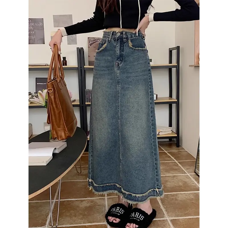 【meissi.id】Rok Jeans Bigsize Jumbo Rok Jeans Panjang Wanita Skirt Denim Midi A Line Highwaist Rok Jeans Korean Style Outfit Wanita Kekinian 8