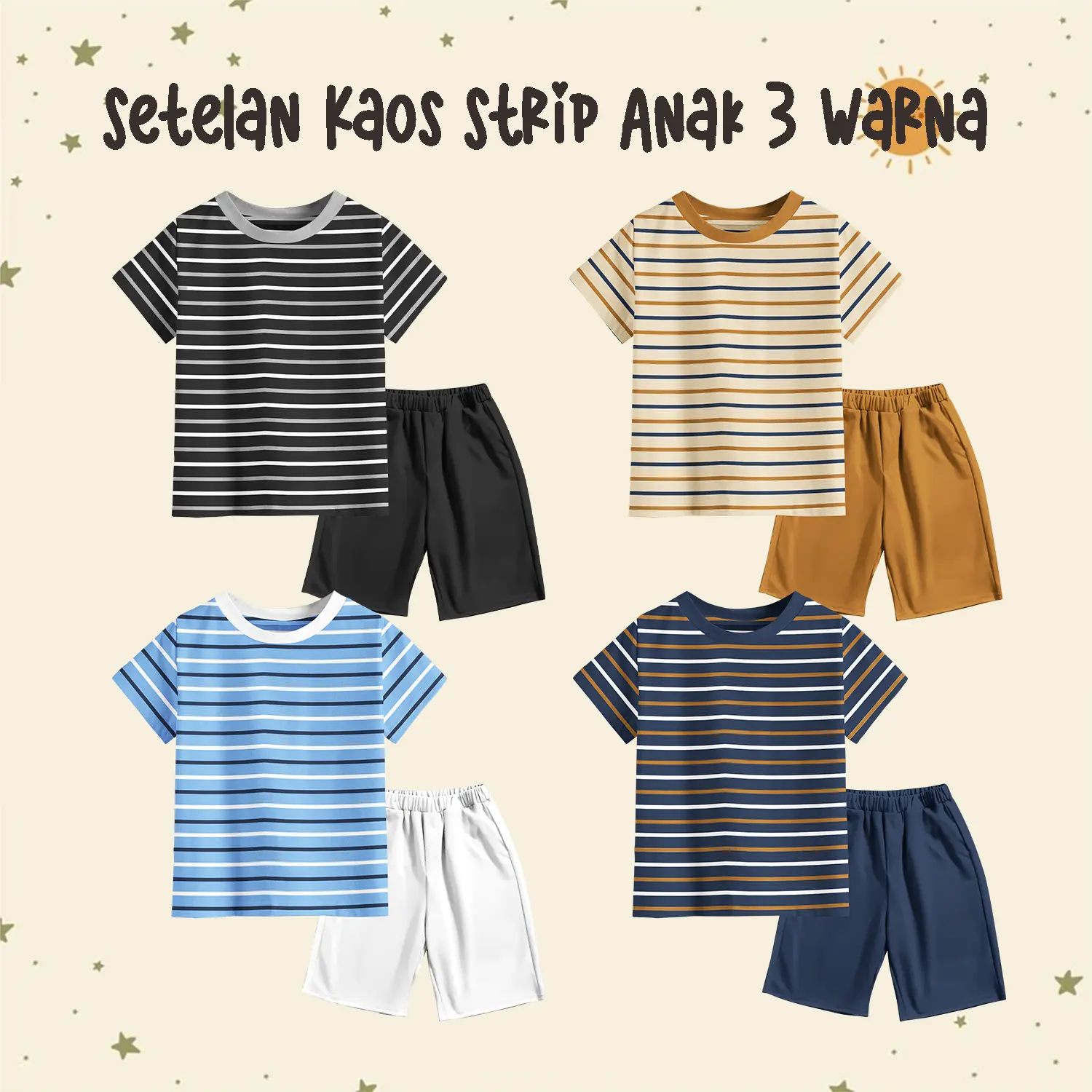 Setelan Anak Strip 3 Warna Laki-laki Perempuan 1-10 Tahun