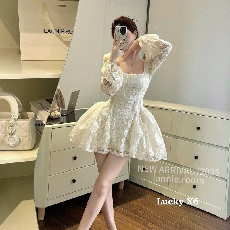  Váy Ren Dài Tay Cổ Vuông Tiểu Thư - có sỉ sll  NHẬN LÀM THEO YÊU CẦU  