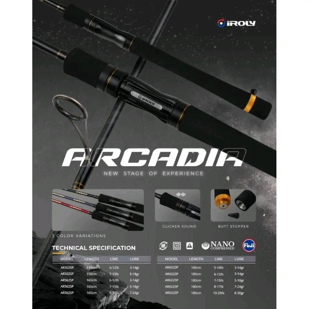 Joran Spinning Iroly Arcadia 150/165/180 FUJI + Reel Seat (Ada Clicker)