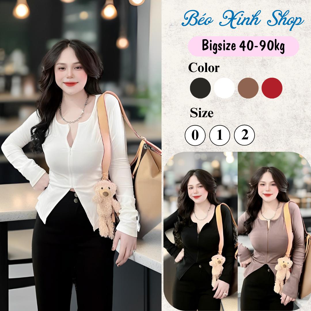 Áo Thun Cổ Tròn Phối Dây Kéo Tay Dài Vải Thun Gân Tăm 45- 90Kg Bigsize Dễ Thương Top Nữ Women - A.1446