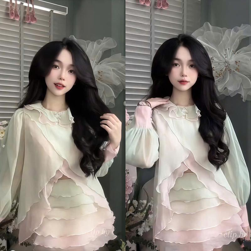  Set đồ nữ thiết kế áo tay phồng dài viền bèo 2 lớp phối chân váy tầng loang màu sang chảnh xin xắn dễ thương phù hợp cho các nàng diện đi chơi đi du lịch 