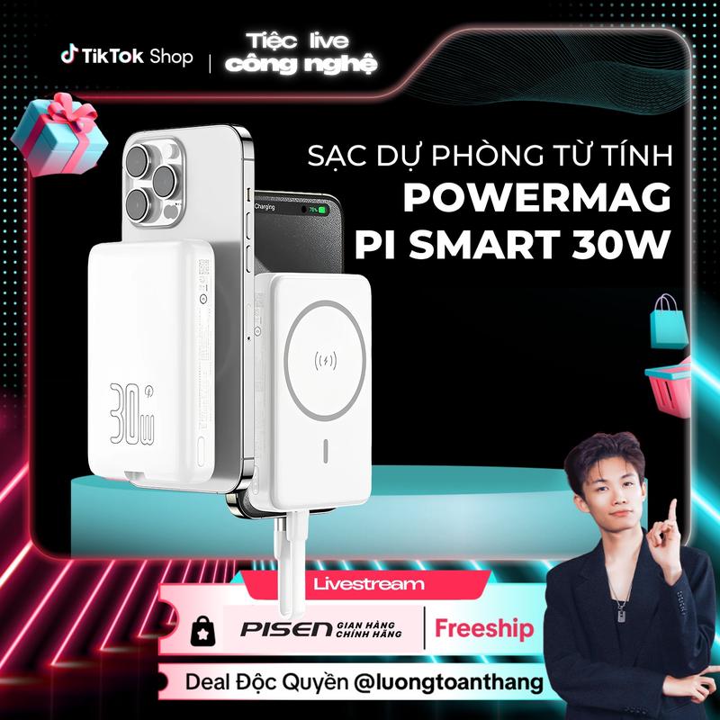 [Deal Đặc Biệt] Sạc Dự Phòng Không Dây MagSafe | Nhỏ Gọn, Tích Hợp Cáp Sạc Nhanh, Nhiều Màu Sắc Thời Trang, Tương Thích Android/IOS | PISEN QUICK - PowerMag 30W Pi Smart | TP-D113 | Bảo Hành 18 Tháng (Kích Hoạt PCARE + 6 Tháng) | Bảo Hiểm 2 Triệu Đô
