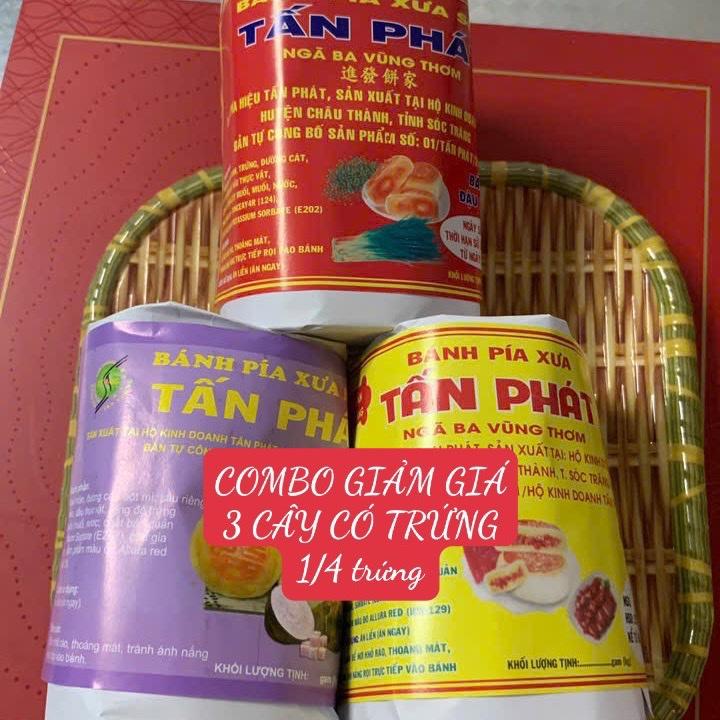   COMBO GIẢM GIÁ 3 CÂY BÁNH CÓ TRỨNG  nhân XÁ XÍU -MÔN SR - MỠ HÀNH :1 cây 400g 4 cái - bánh pía gói giấy xưa truyền thống TẤN PHÁT -   1 4 trứng   
