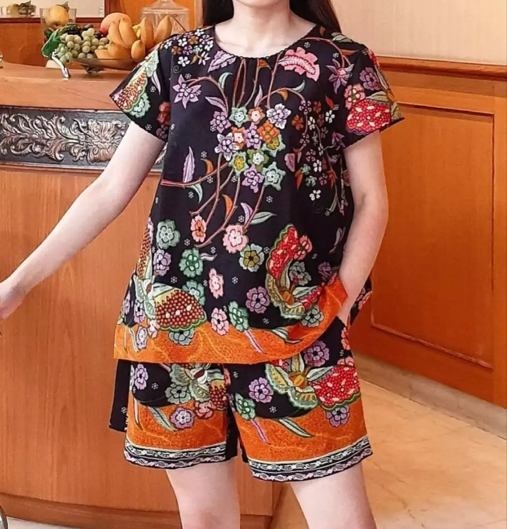 Setelan Katun Lumbung Batik premium Baju tidur wanita dewasa kekinian Warna Hitam LD 105cm