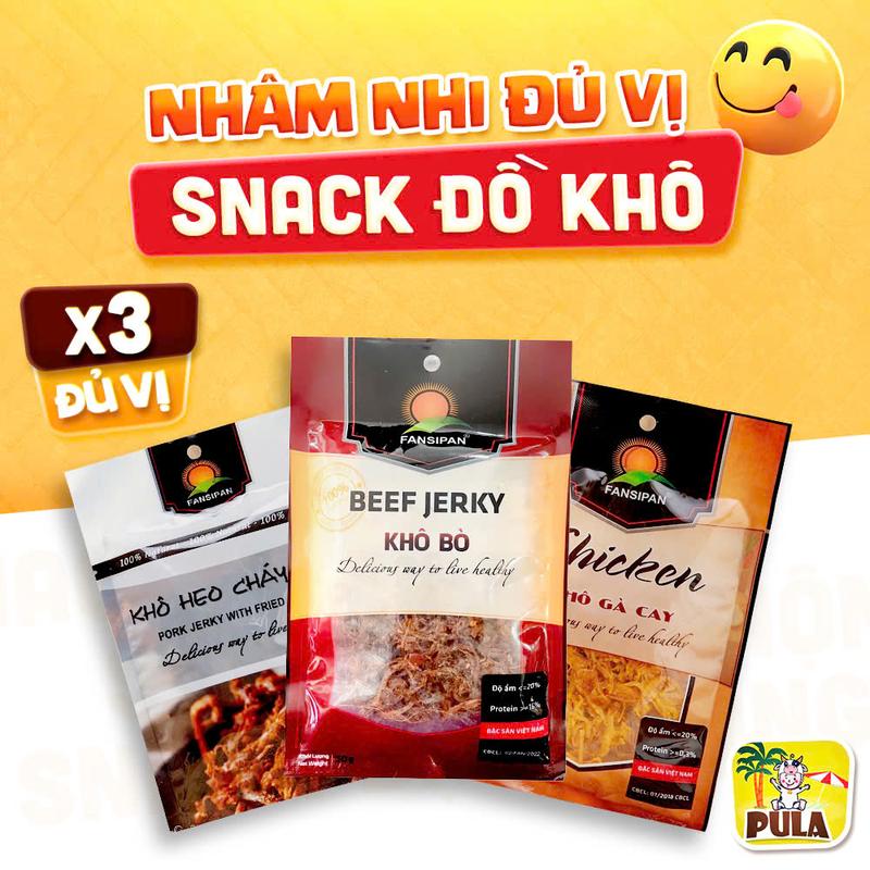 3 Vị | Snack đồ khô Tiệm Nhà Pula | Khô Gà Cay Khô Bò Sợi Khô Heo Cháy Tỏi Fansipan | 50gram đủ loại | Ngon Dễ Nghiện
