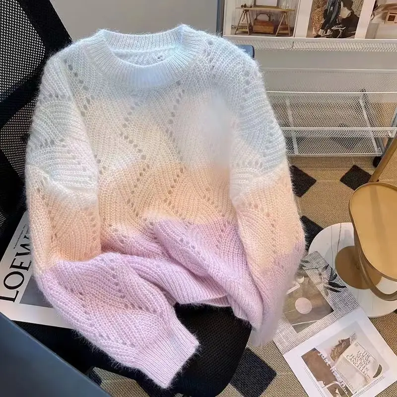 Sweater Rajut Wanita Rainbow Pelangi Lengan Panjang Pullover Leher Bulat Korea 1