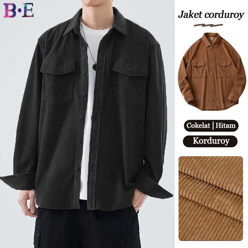 Kemeja Pria Kemeja Korduroi Polos Pria lengan panjang pria Kemeja Casual Trendy Kemeja Polos Lengan Panjang Kekinian corduroy jacket jaket corduroy pria korean style oversize pria jaket sunmori jaket hangat Casual Coklat basic top