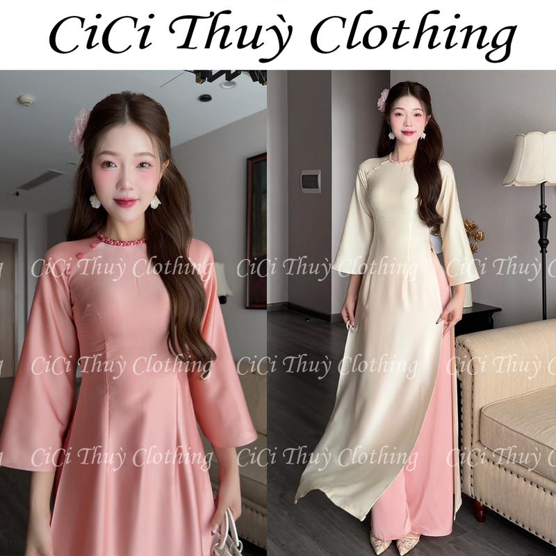 Áo Dài Lụa Ngọc Ánh Trai - Áo Dài Tết 2026 Phối Cổ Truyền Thống Viền Tay Đính…