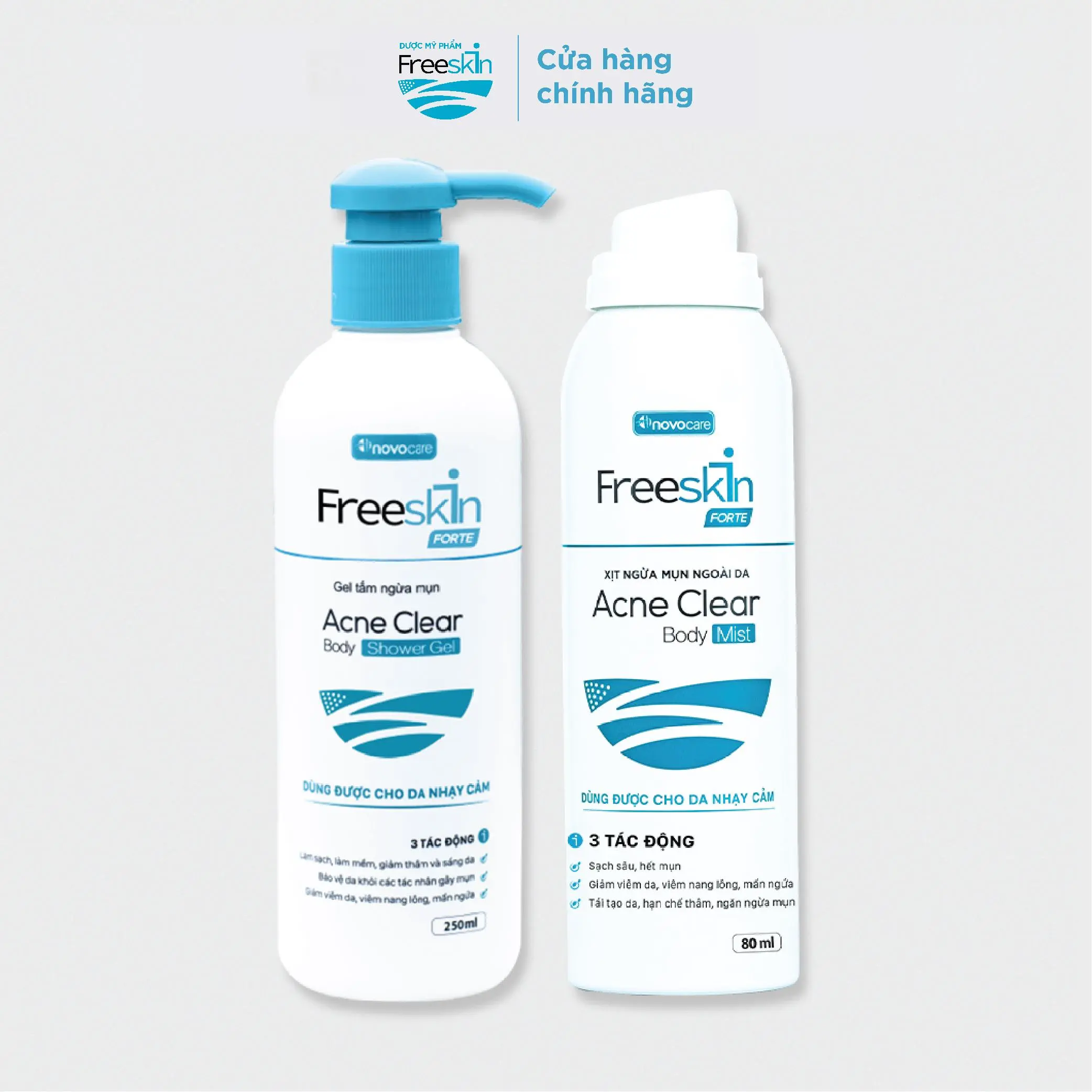 Combo Xịt mụn Freeskin Acne Clear Body Mist 80ml và Gel tắm Freeskin Acne Clear Body Shower Gel 250ml