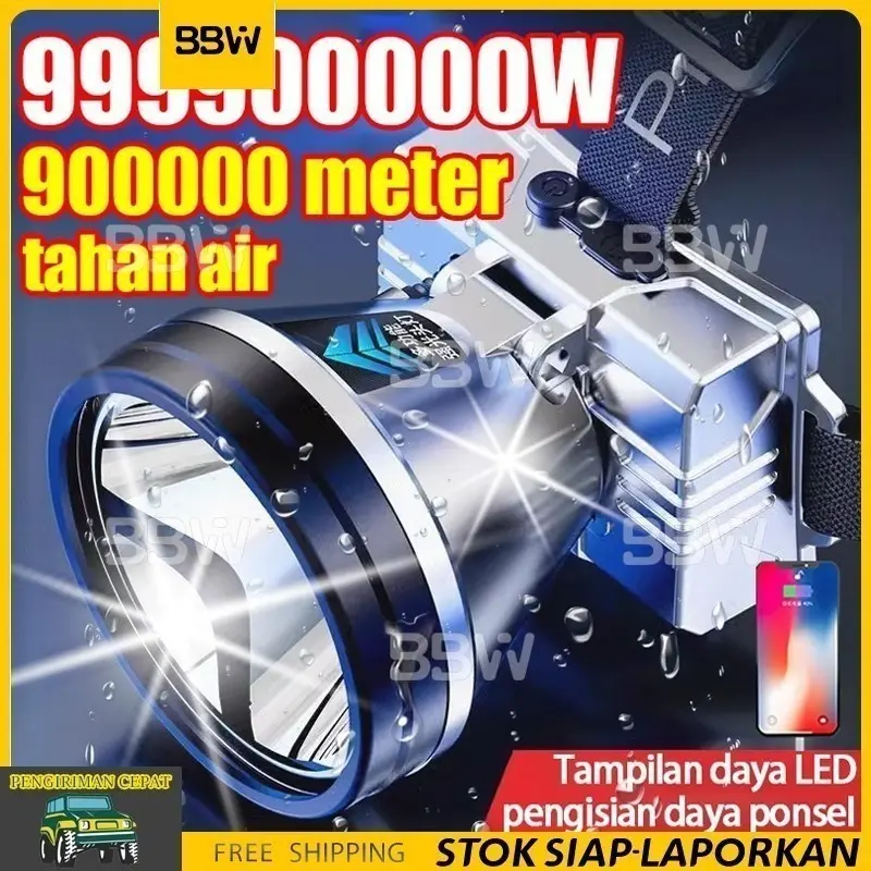 YR Senter Kepala Super Terang 1865000mah 500Watt Baterai litium bawaan Dapat mengisi daya ponsel jarak jauh 900000m senter kepala led cas tahan 900jam Tahan air dan tahan jatuh Headlamp berkemah led Senter Berkemah Headlamp Outdoor LED Senter Kepala