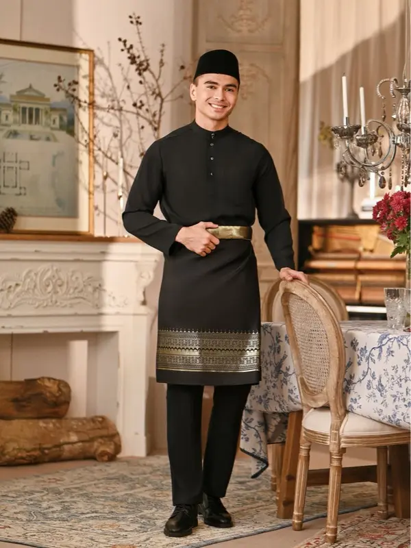 Satu Set Baju Celana dan kain songket/rumpak Teluk Belanga Cekak Musang Pria Melayu Kurung Setelan Pakaian Adat Malaysia Riau Koko Dewasa 0
