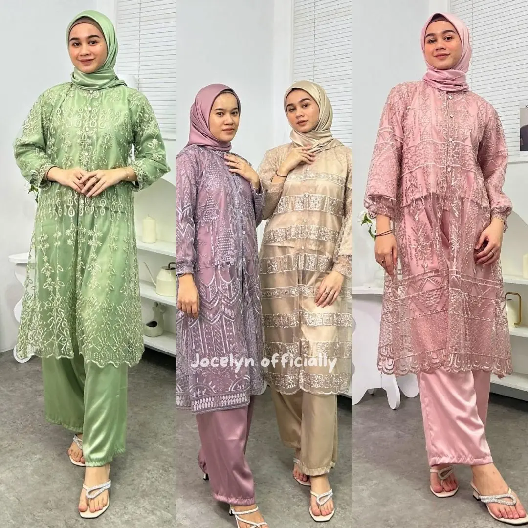 Naira Set 3in1 - Setelan Celana Bahan Satin Mix Brukat One Set Hijab, atasan, Celana, Outer Size M-XXL Busana Wanita Kekinian Kondangan Lamaran Best Seller LD 100-120cm
