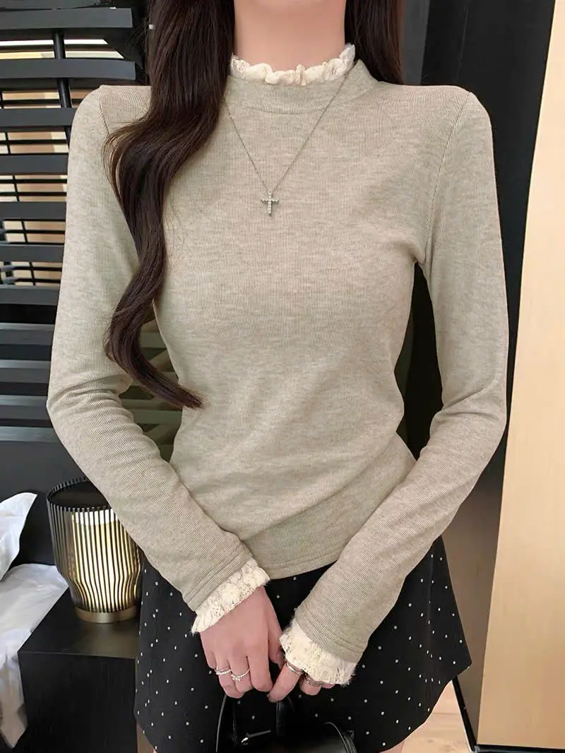 Áo giữ nhiệt tăm lông thỏ phối ren Lenogi Áo cổ cao  co dãn mềm mại ấm áp | BigBuy360 - bigbuy360.vn