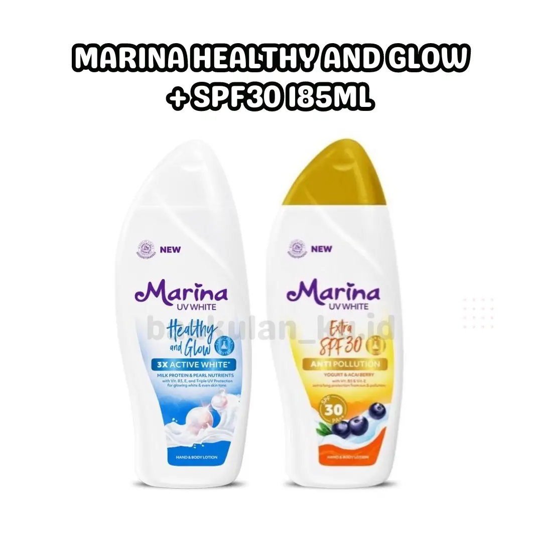 (Lebih Hemat) Marina UV White Healthy and Glow + UV White Extra Spf30 185ml body lotion marina mencerahkan