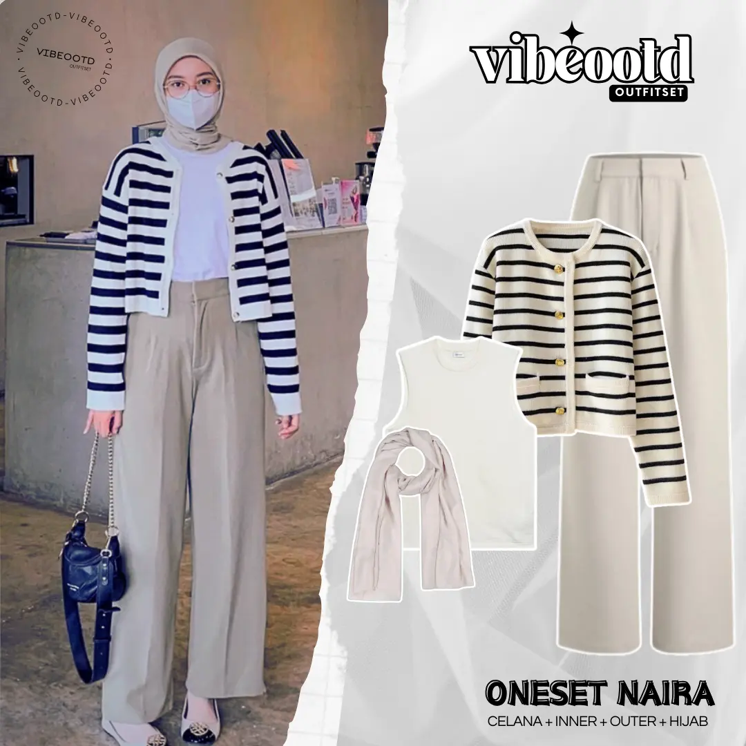 Naira Outfit Set Wanita Hijab ( Bawahan Celana Kulot Panjang + Atasan Outer Cardigan Rajut Stripe Hitam + Inner Manset Tanpa Lengan Spandek Putih + Jilbab Segi Empat Bella Square Basic ) Setelan OOTD One Set Casual Semi Formal Kantor Cantik Simple