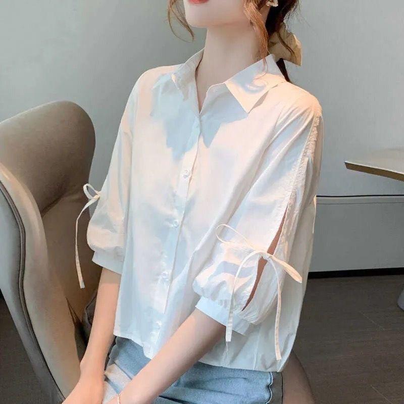 Product Introduction of Women's Chiffon Rheology Hong Kong Style Three-Quarter Sleeve Shirt 2023 New Loose Design Niche Chic Top 6
