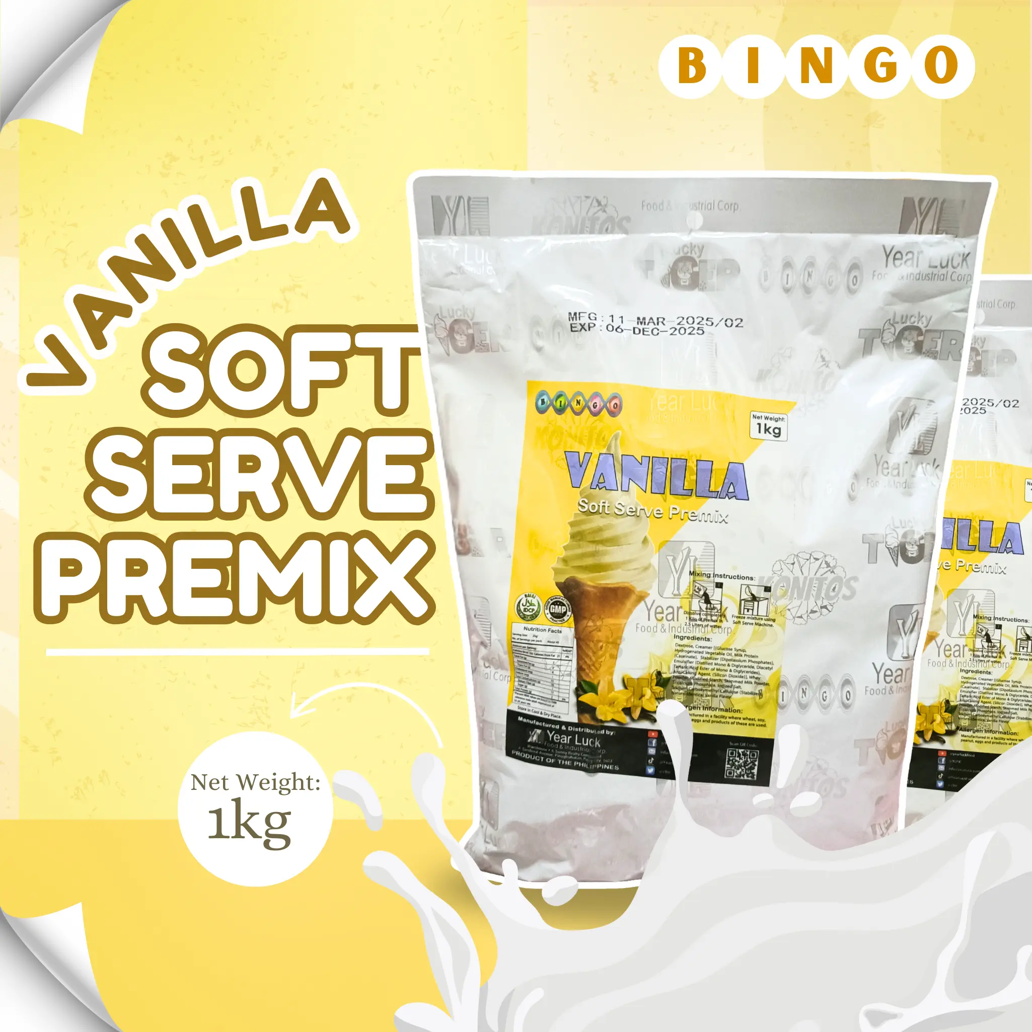 BINGO Vanilla Soft Serve Powder Premix 1kg Mixed