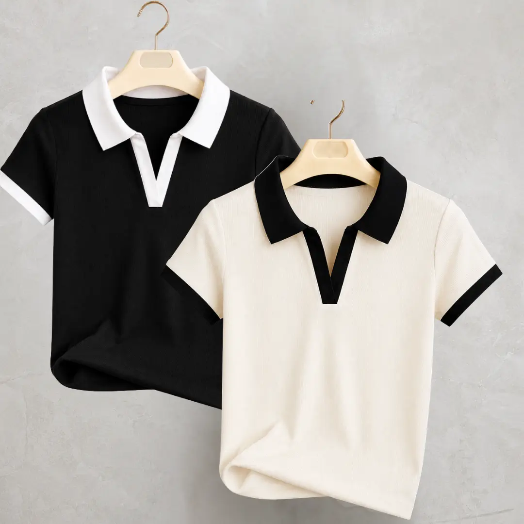 Kit 2 Blusas Polo Feminina Tecido Ribana Canelada Premium Gola Bicolor Confortável Moderna Elegante Excelente Caimento Alta Qualidade Peça Coringa para Todas as Ocasiões
