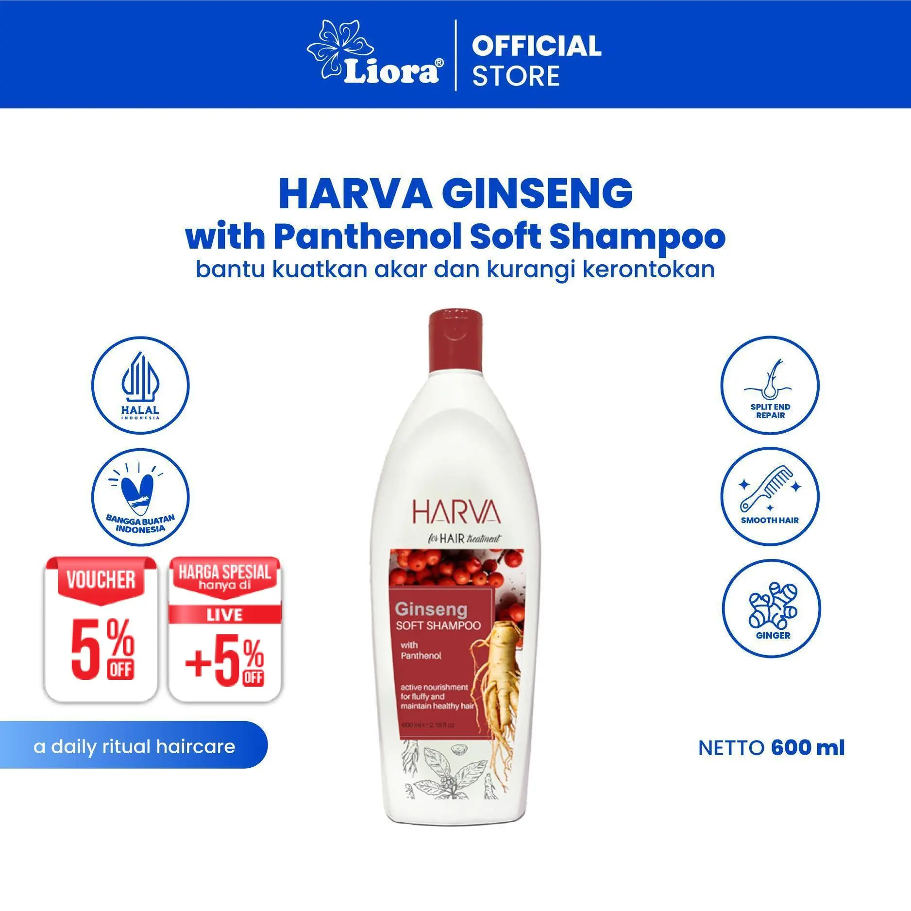 [BEST SELLER] HARVA Shampoo Ginseng Soft & Smooth 600ML | Haircare 2in1 Shampoo Conditioner Anti Rontok Menutrisi Rambut Menguatkan Akar Rambut Halus Lembut Sehat