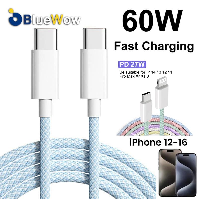 Cáp sạc nhanh USB-C, BlueWow PD, 60W, Tương thích với Apple iPhone12, 13, 14, 15, Pro Max, 15 Pro, 15 Puls, Dệt USB-C, Phụ kiện dòng dữ liệu sạc