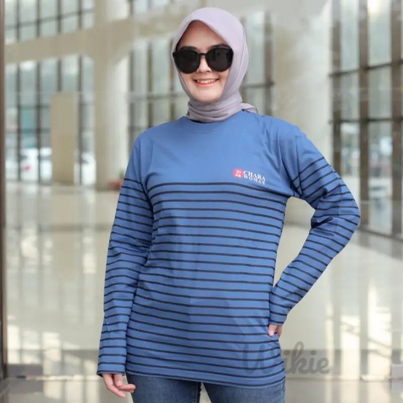 Terlaris Kaos Wanita Salur Lengan Panjang Atasan Wanita Hijab Salur Baju Belang Kaos stripe Wanita Kaos Ootd 1