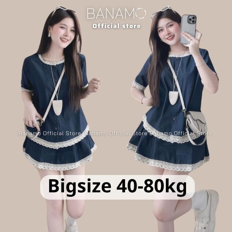 Set váy thời trang BIGSIZE Banamo Fashion áo denim viền ren mix chân váy xoè tiểu thư siêu xinh 188