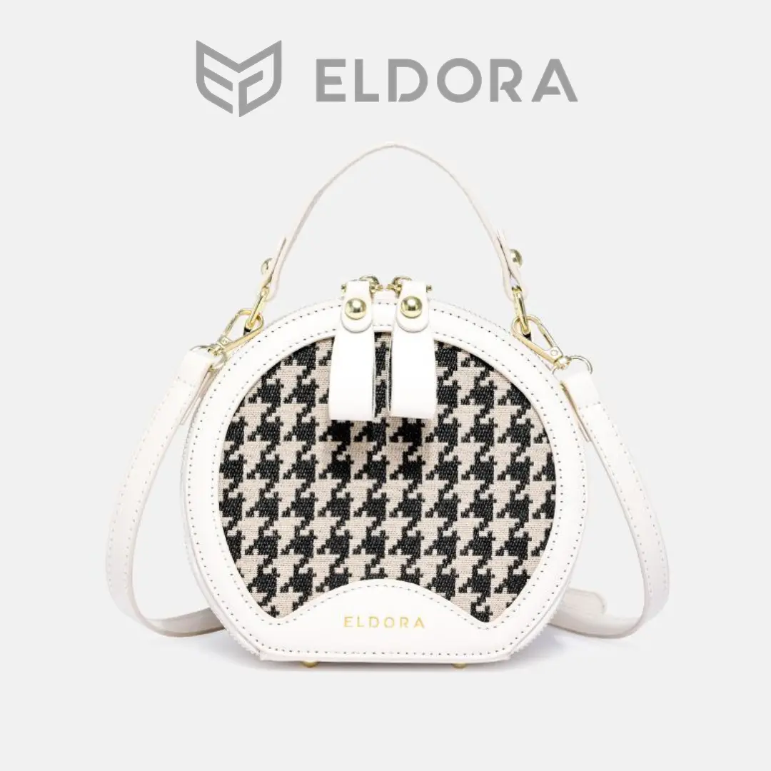 ELDORA Flowy Tas Tangan Wanita Putih Hitam Motif Kotak Tali Panjang Wanita