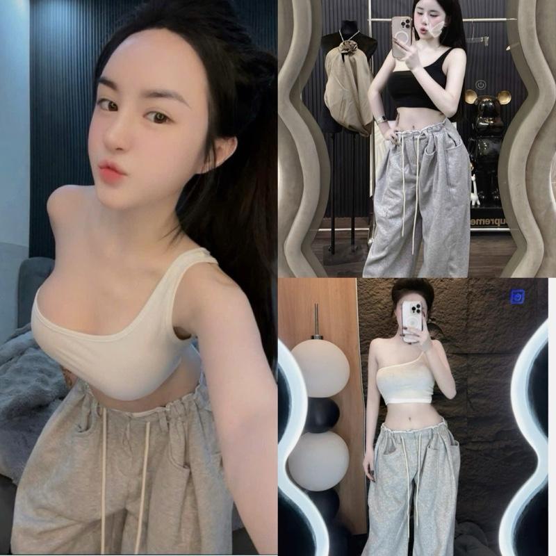 Set Áo Ba Lỗ Lệch Vai Croptop Kèm Quần Suông Nỉ Ống Rộng From To Sang Chảnh -H76