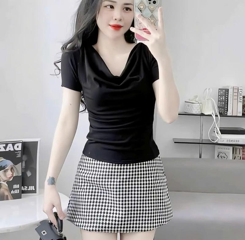 Áo Thun Nữ Nhũ Bigsize Tay Ngắn Áo Cổ Đổ ESHOP Áo Nhũ Kim Tuyến Nữ Ôm Body Đẹp Dễ Thương MS457 Top Women