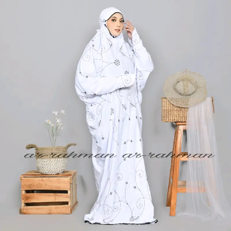 Ar-Rahman - Mukena Terusan Dewasa Bordir  Bunga Elmira Katun Premium Mewah Cantik 2