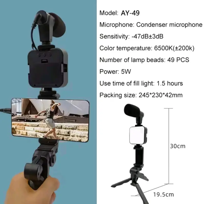 Vlogging Kit Tripod Mini Holder Alat Vlog Hp Lengkap Vloger Handphone 5 in 1 Item Led Light Phone Microphone Remote Bluetooth Kamera Lampu Wireless 3