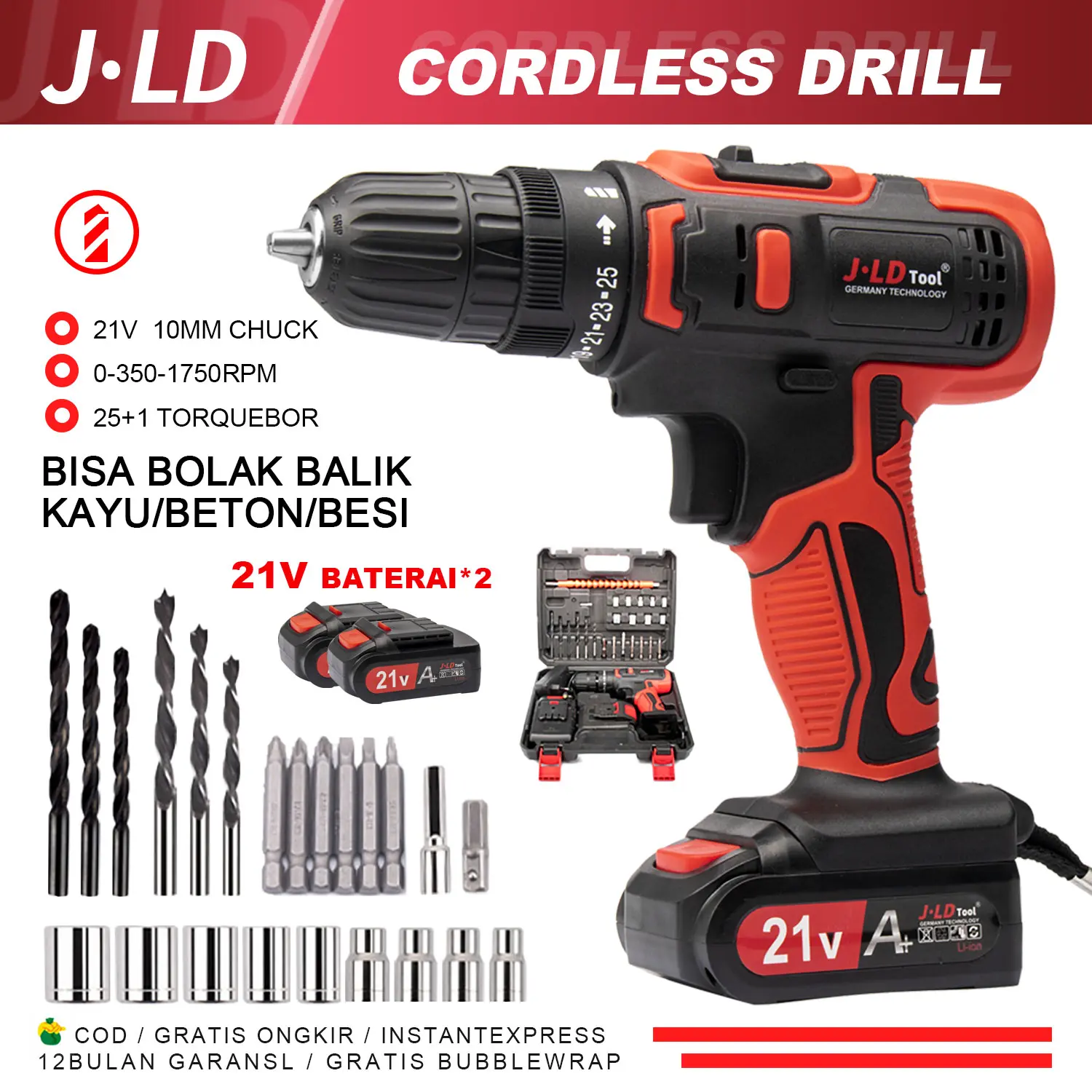 JLD Mesin Bor Baterai 21V Cordless Impact Drill Bor Tangan 10mm chuck