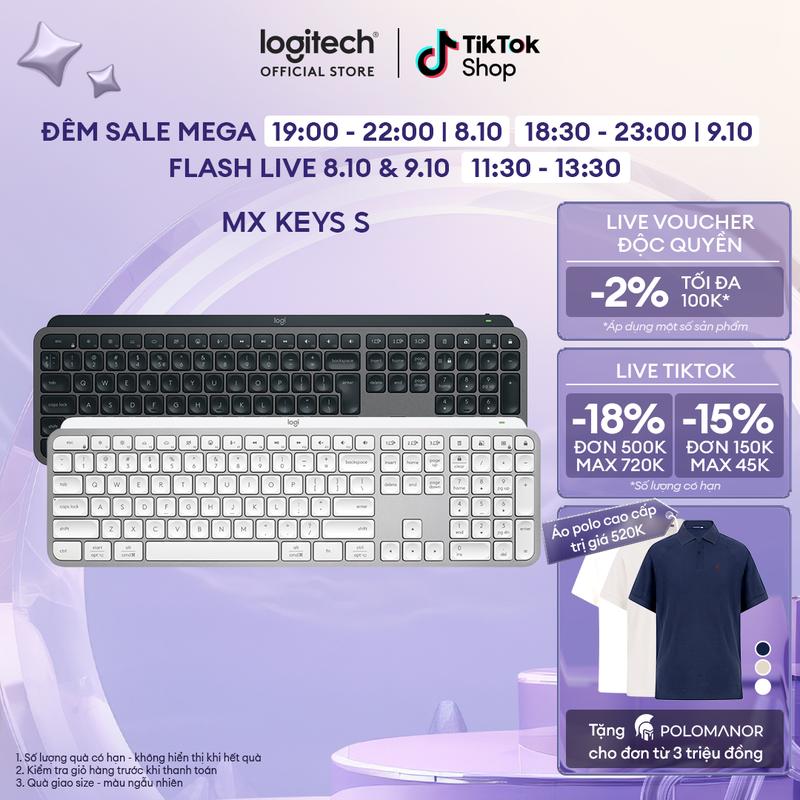 Bàn phím không dây Logitech MX Keys S - Low Profile yên tĩnh, Đèn nền, Bluetooth, Sạc USB-C ban  phim