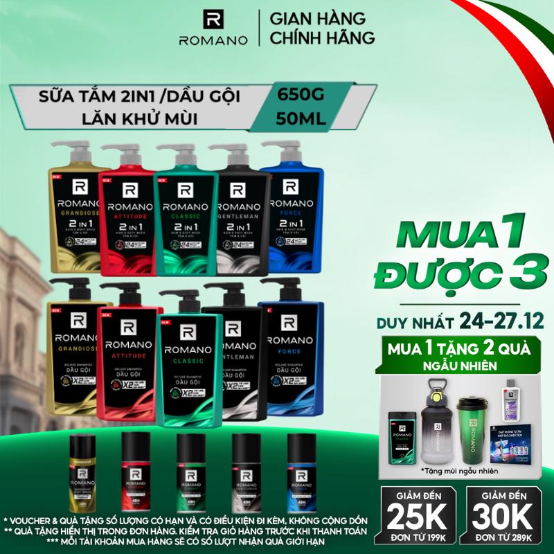   DUY NHẤT 1-5.1  MUA COMBO TẶNG 2 QUÀ  Sữa tắm Dầu gội cho Nam ROMANO hương nước hoa Classic Attitude Force  Gentle Man 650g + Lăn Khử Mùi Hương Nước Hoa 50ml 