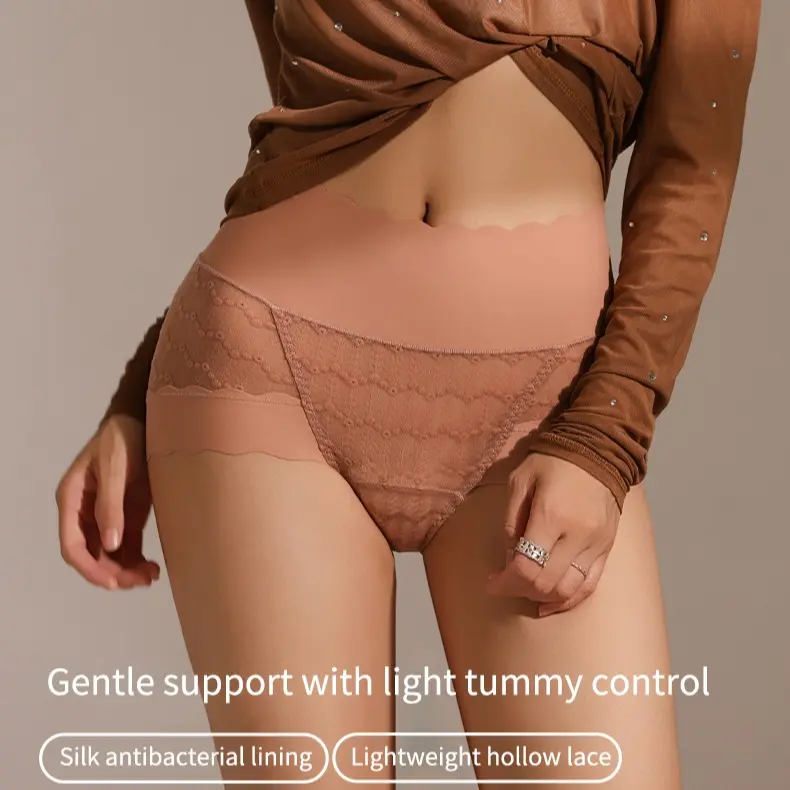 "Soft lace" Mid-high waist seamless underwear light sense belly, no rolling edge silk bottom file sexy body pants female 2455