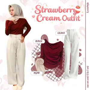 Setelan Remaja Korea "STRAWBERRY CREAM OUTFIT" – (Blouse, Celana, Hijab) One Set 3In1 Wanita Kekinian Hangout Style - LS22