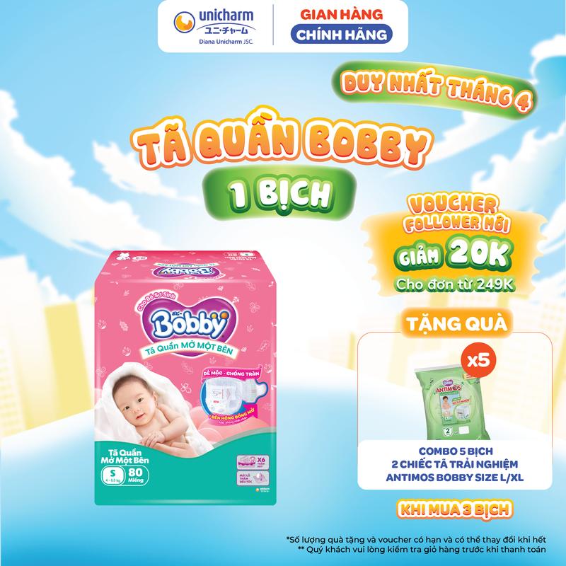 Tã/bỉm quần Mở Một Bên Bobby - Tiện Lợi, Dễ Mặc - Size NB 70+6/S 80/M 62 Miếng
