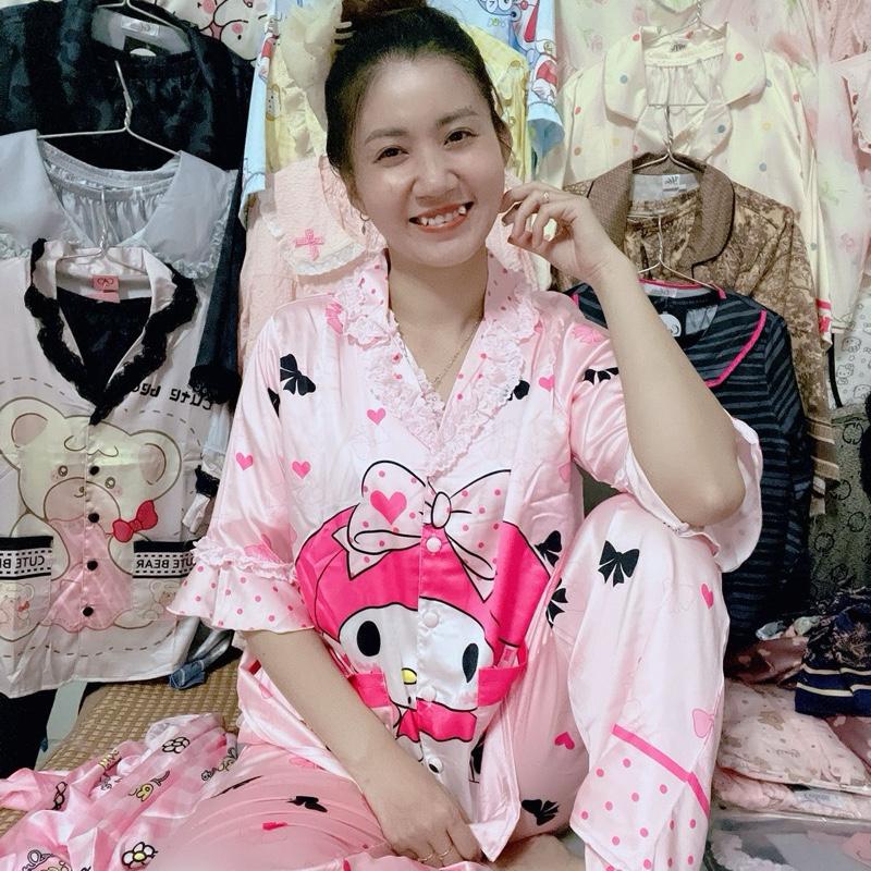 Đồ bộ lụa Latin cổ trụ viền ren tay Loe, đồ bộ mặc nhà tiểu thư free size 45-62kg