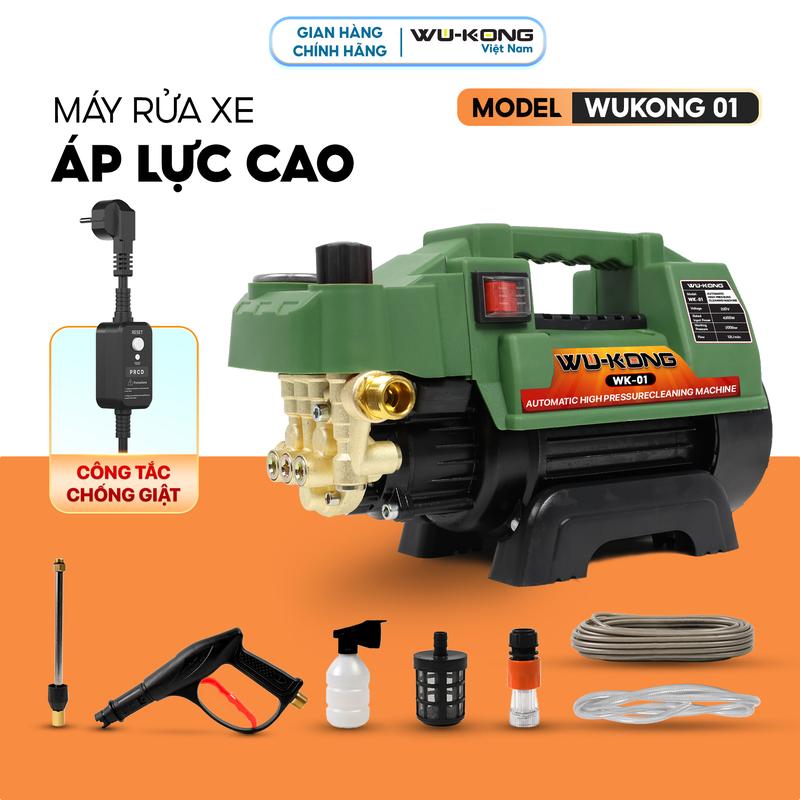 Máy xịt rửa xe Wukong WK 01 {Có chống giật} Có chỉnh áp tặng kèm bình bọt tuyết máy siêu khỏe.