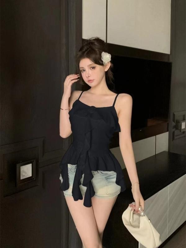 Áo Yếm Nhỏ Thiết Kế Xếp Nhún Hoa Ba Chiều Áo Ngắn Bất Đối Xứng Độc Đáo Mùa Hè Cho Nữ, Thích Hợp Mặc Ngoài Trời Top Women 5