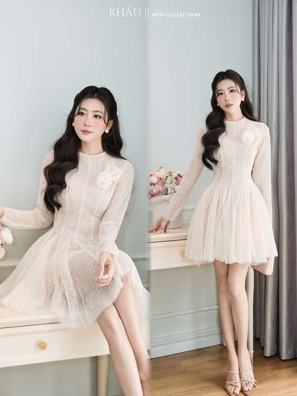  Đầm thiết kế dáng ngắn kim sa hoa trà K928 form chuẩn tiểu thư sang chảnh 