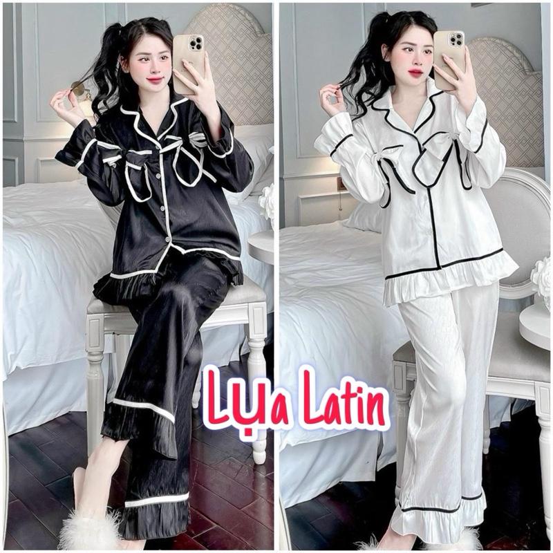 Bộ Pizama Nữ Vải Lụa Mịn Tiểu Thư Phối Nơ Đôi Trước Ngực, Viền áo viền quần thiết kế bèo nhún, quần có túi, free size 40-63kg, Women