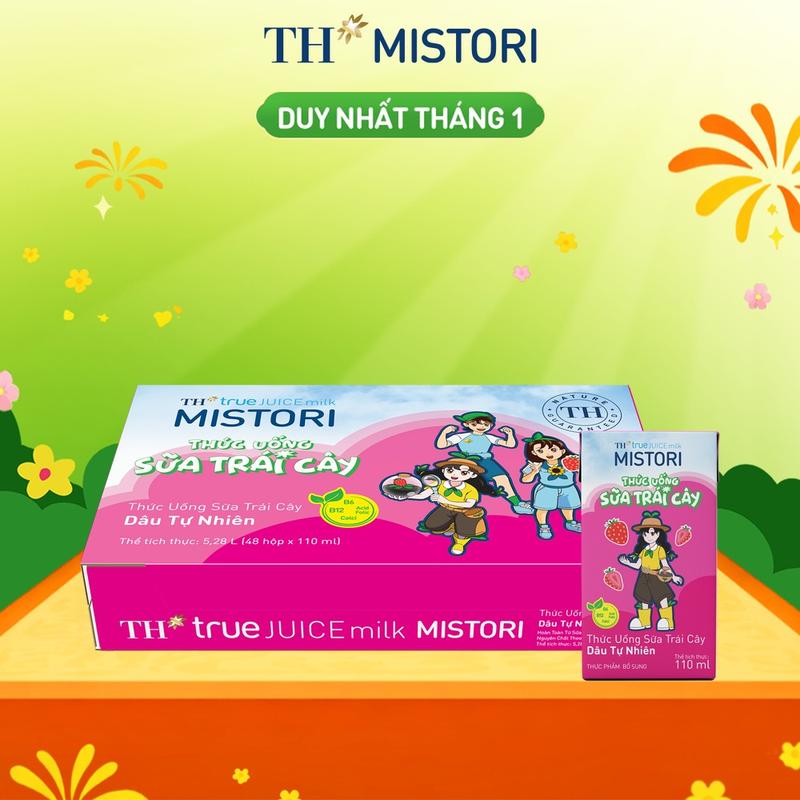  Thùng 48 hộp thức uống Sữa trái cây Dâu tự nhiên TH true JUICE milk MISTORI 110 ml x 48 hộp 