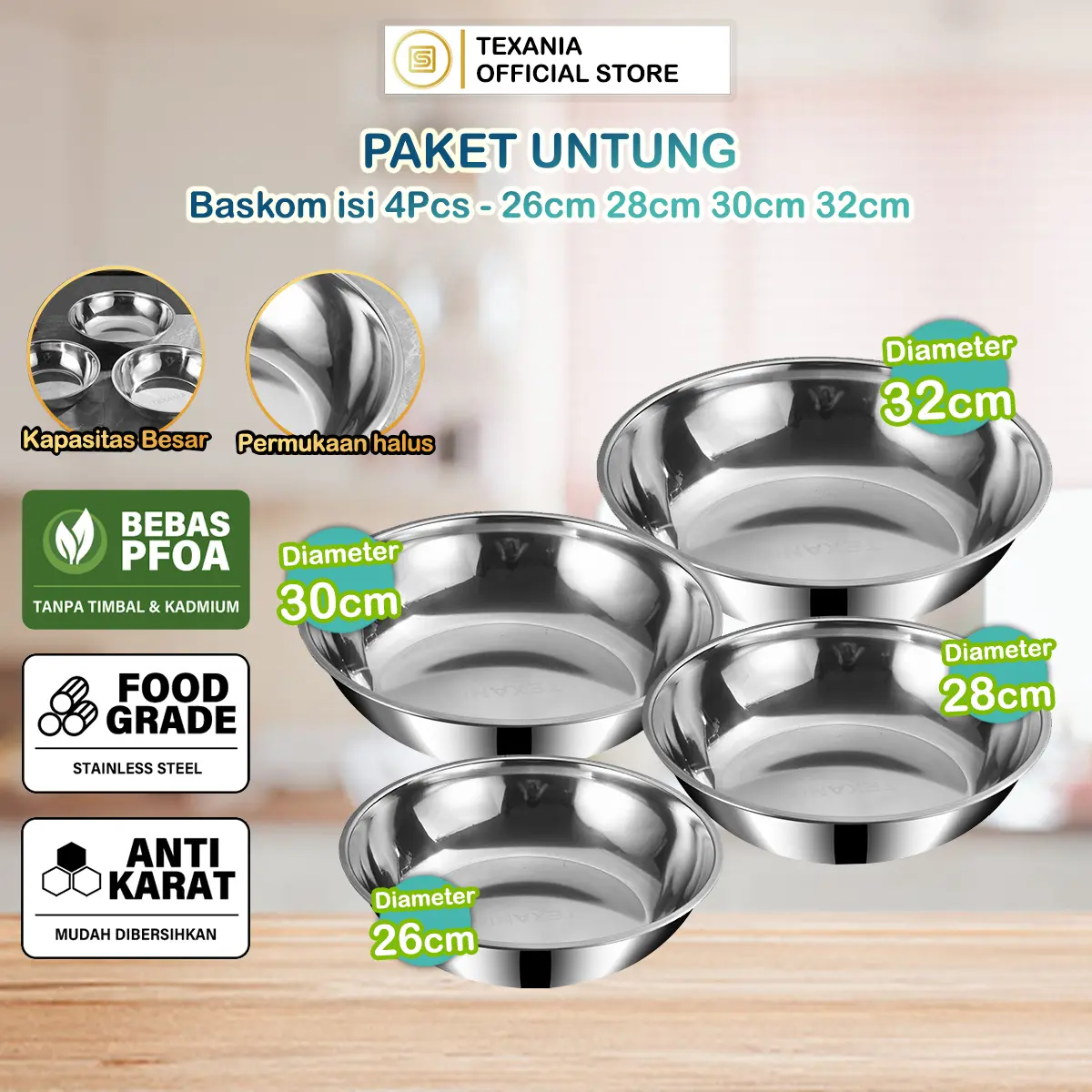 [PROMO BULAN INI] TEXANIA Set Baskom Stainless Anti Karat Foodgrade Multifungsi Beli 1 Ukuran 32cm Gratis 3 Ukuran 26cm 28cm 30cm
