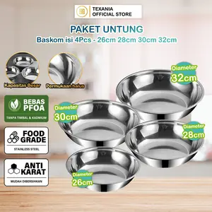 [PROMO BULAN INI] TEXANIA Set Baskom Stainless Anti Karat Foodgrade Multifungsi Beli 1 Ukuran 32cm Gratis 3 Ukuran 26cm 28cm 30cm