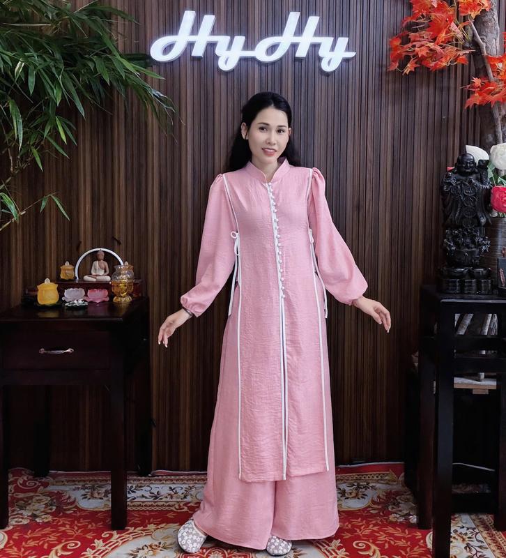 SALE Giai Nguyệt - Bộ Pháp Phục Lễ Chùa Nữ Bigsize Dáng Áo Dài Xẻ Tà Tay Nhún Thanh Lịch HyHy