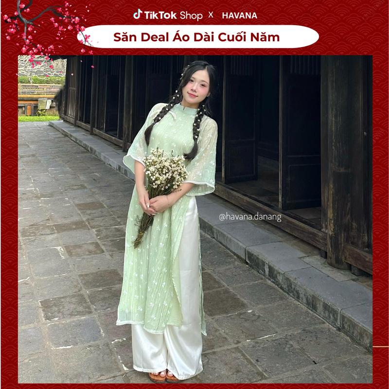  Áo dài QUỲNH CHI hoạ tiết hoa nhí phối dây buộc nơ kèm quần phi bóng HAVANA AD91 